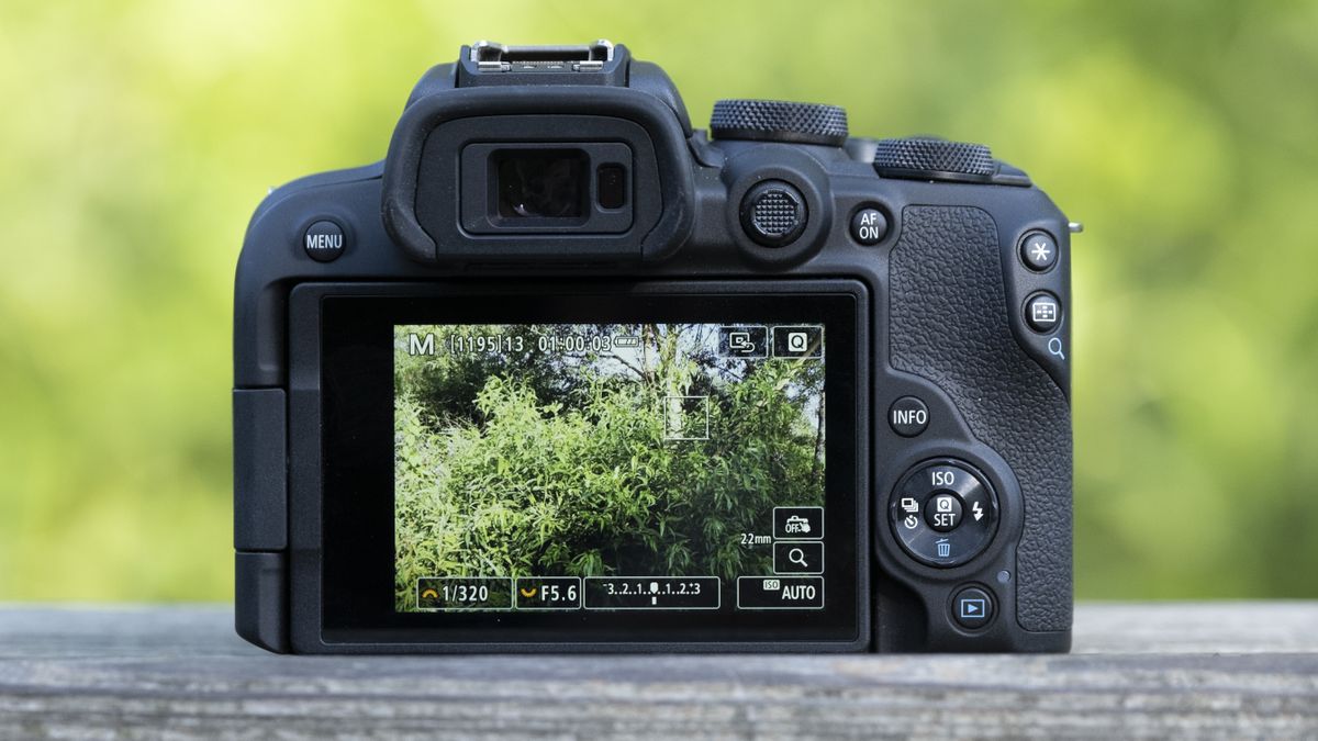 The Canon EOS R10 camera sitting on a wooden bench