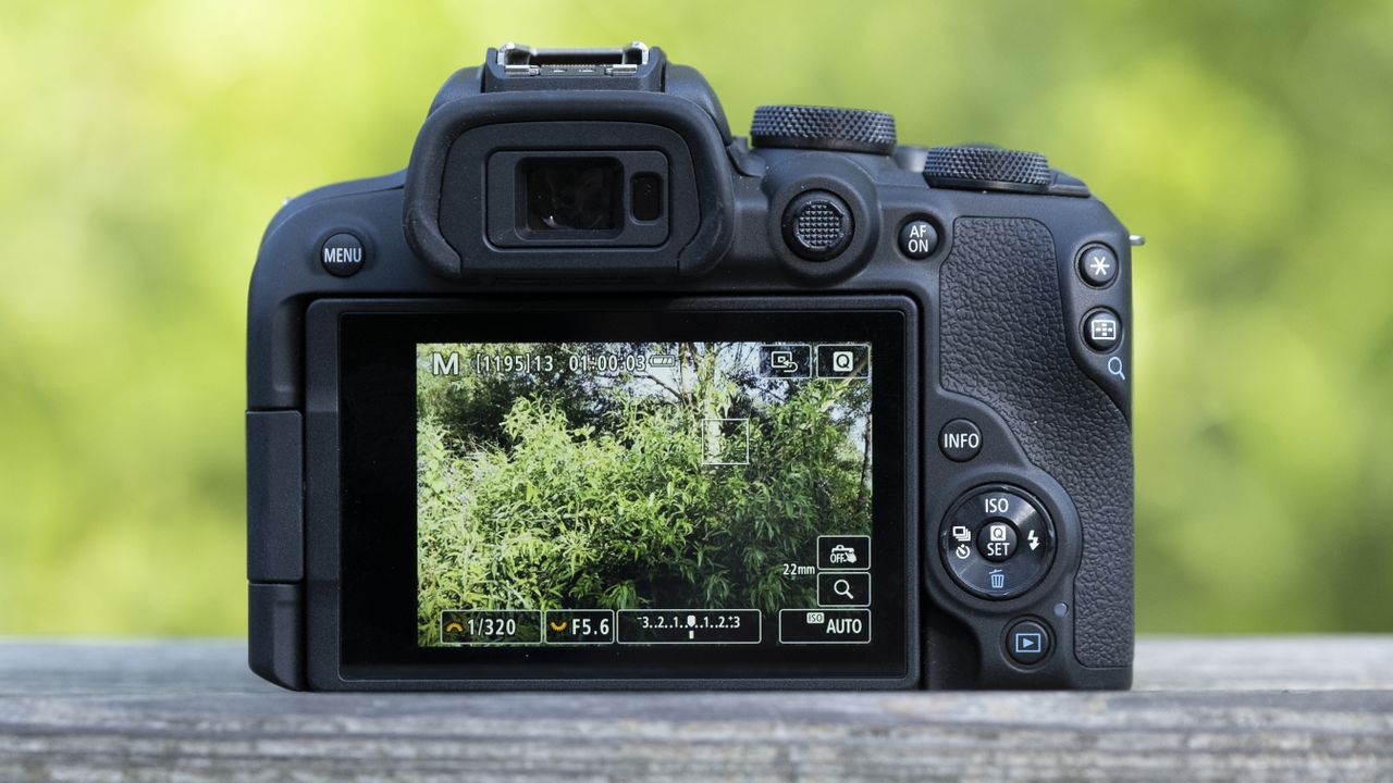 The Canon EOS R10 camera sitting on a wooden bench