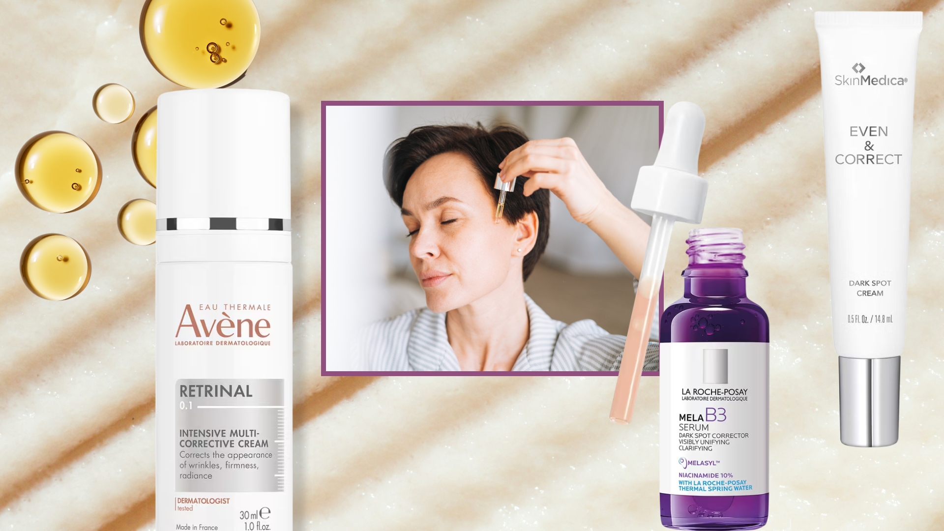 mature woman using a dark spot corrector on a collage of dark spot correctors