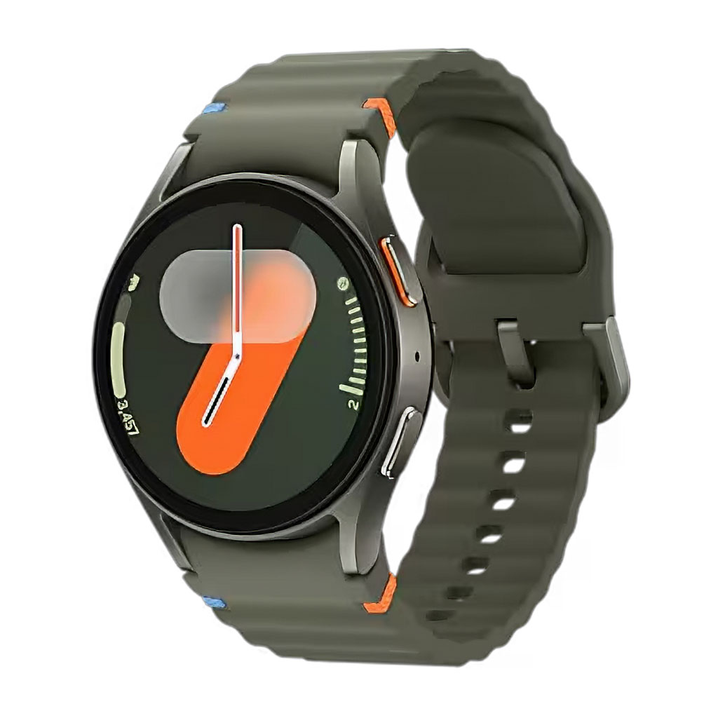 Samsung Galaxy Watch 7 with green watch face and wrist strap on white background