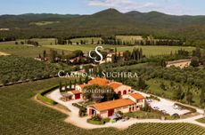 Campo alla Sughera winery surrounded by vines, with the winery's logo over the top 