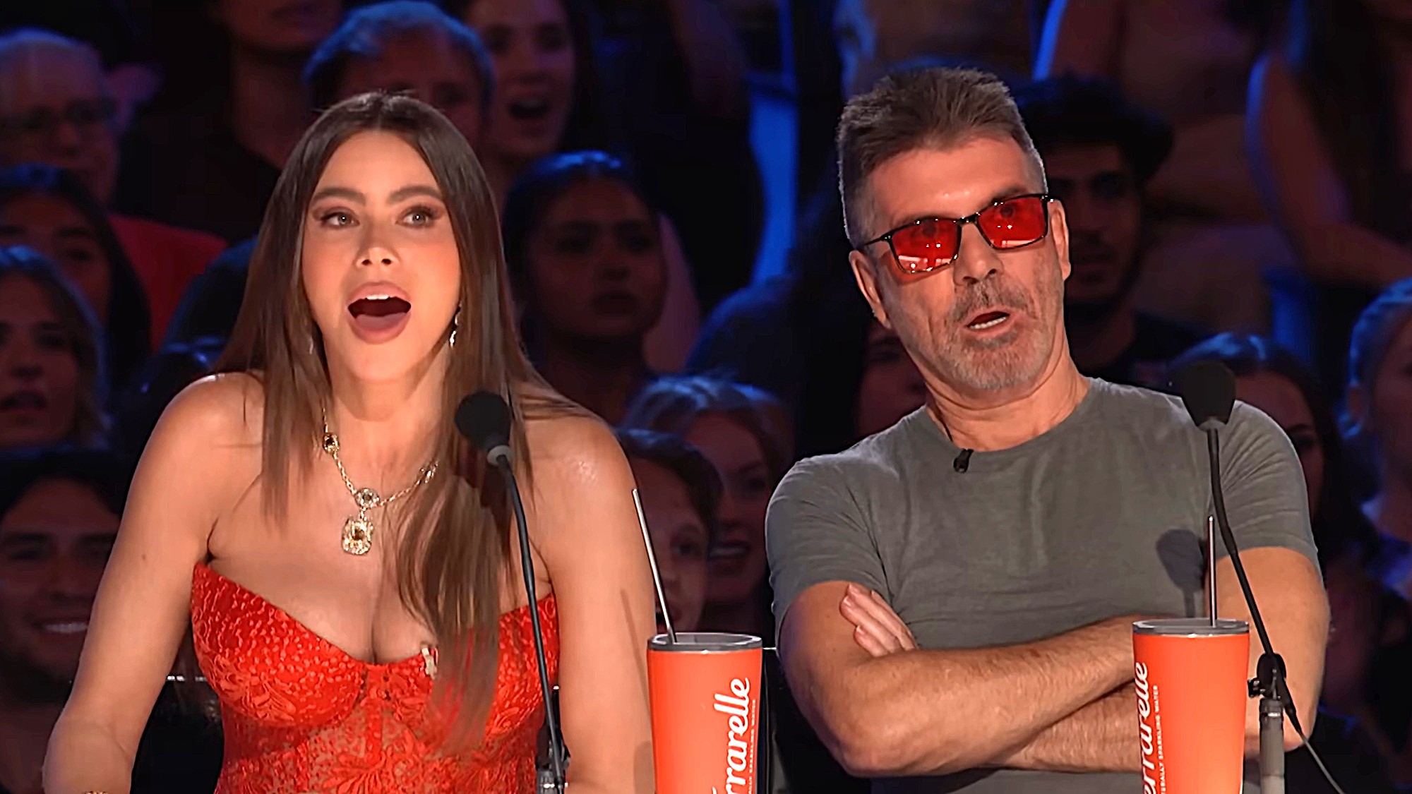 Sofia Vergara and Simon Cowell react to a performance on America's Got Talent.