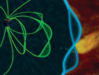 In this artist’s rendition, a plasma jet impact (yellow) generates standing waves at the magnetopause boundary (blue) and in the magnetosphere (green). The outer group of four THEMIS probes recorded the flapping of the magnetopause over each satellite in 