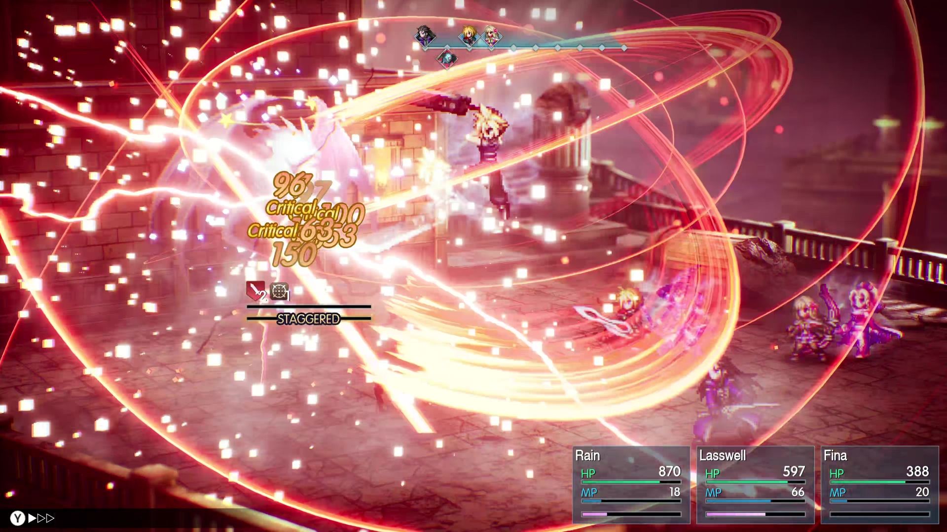 A fantasy RPG battle fills the screen as red-orange energy spirals around fighters amid glowing sparks, damage numbers, and character status bars.