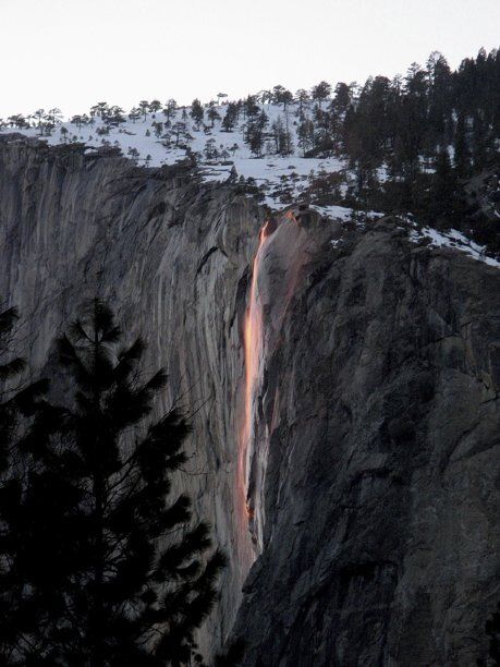 Yosemite National Park&#039;s Horsetail Falls lit up by the sun&#039;s rays