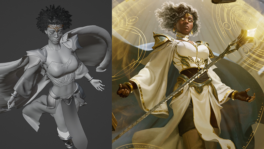 Image from a fantasy art tutorial using 3D blockouts