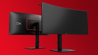 Two HyperX Omen OLED 34-inch gaming monitors on a red gradient background