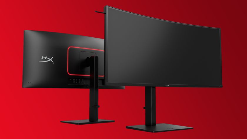 Two HyperX Omen OLED 34-inch gaming monitors on a red gradient background