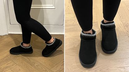 two images of Caroline Parr wearing Hush Puppies slippers