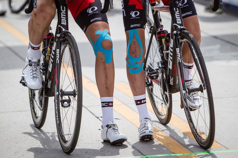 Taylor Phinney (BMC) and teammate Peter Stetina show off recovering legs at todays stage start