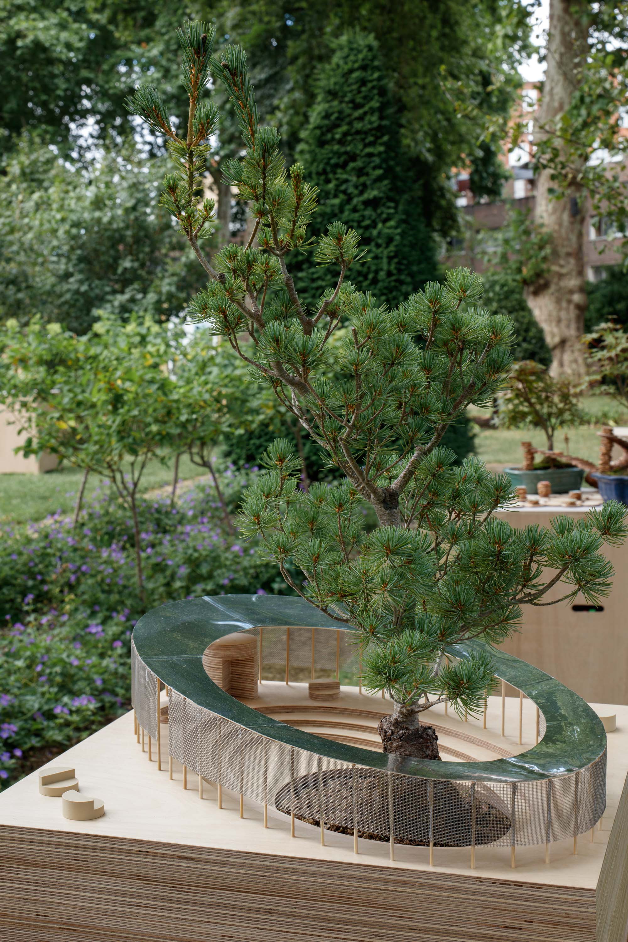 view of miniature houses in a park as part of an open air Bonsai treehouse exhibition in London