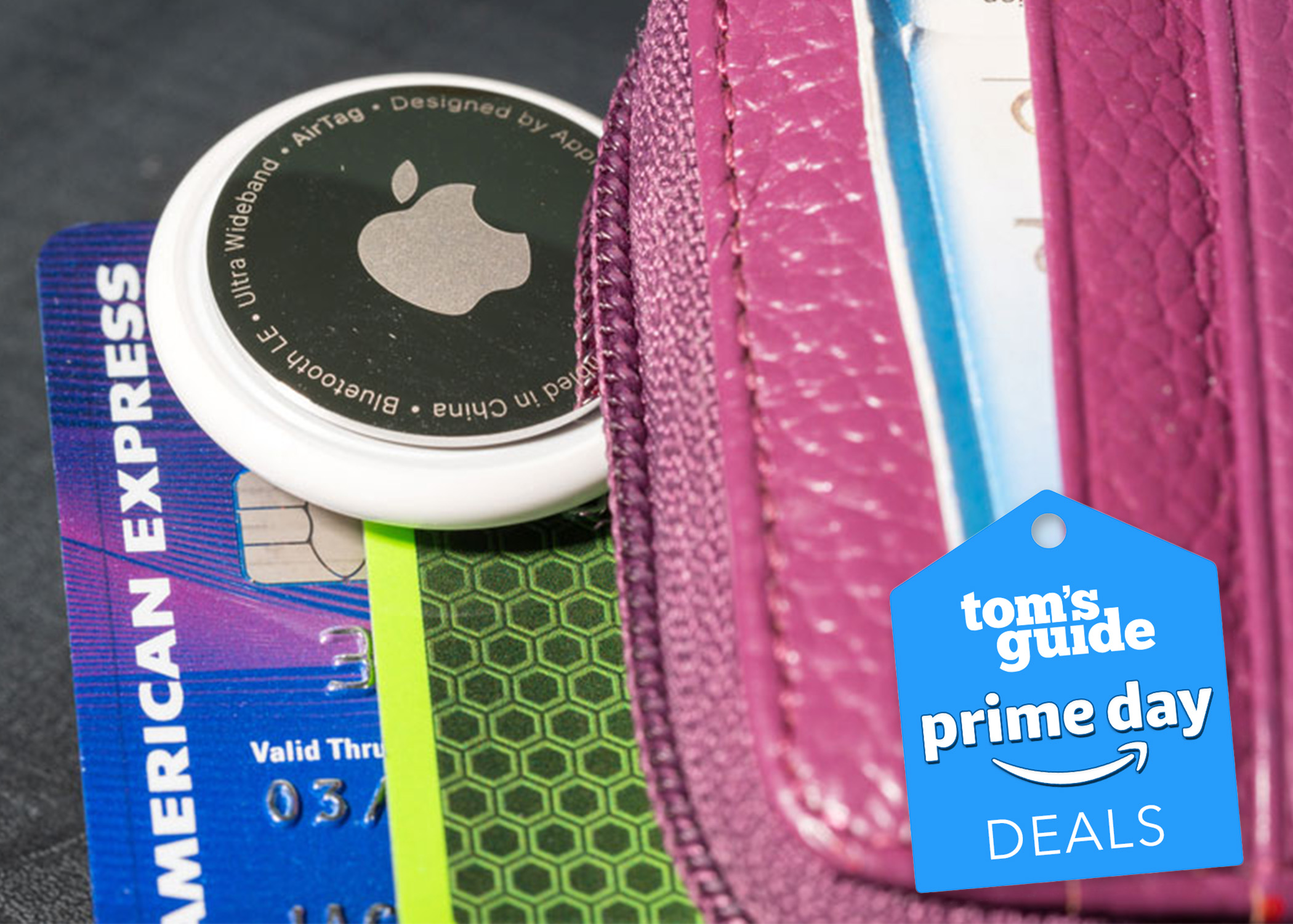 Apple AirTag in a wallet with deal badge