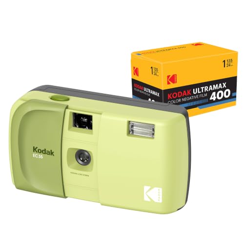Kodak Ec35 35mm Film Camera 35mm, Reusable, Focus-Free, Built-In Flash, Slide Cover, Beginner Friendly (avocado Green) Bundle With Kodak Ultramax 400/24exp 35mm Roll Film