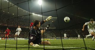 Liverpool goalkeeper Jerzy Dudek of Poland saves a shot from AC Milan forward Andriy Shevchenko of Ukraine during the European Champions League final between Liverpool and AC Milan on May 25, 2005 at the Ataturk Olympic Stadium in Istanbul, Turkey.