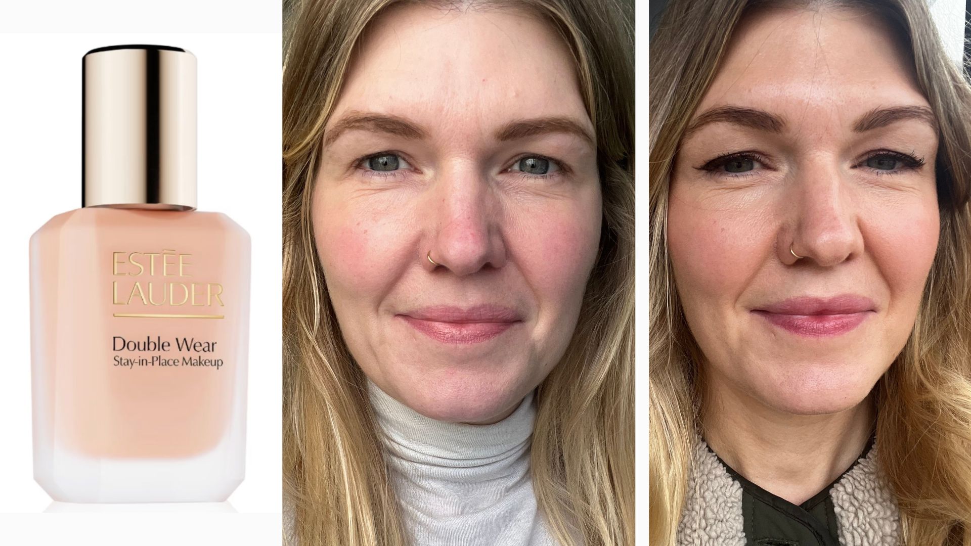 a bottle of Estee Lauder Doublewear Foundation nect to beauty editor Fiona mckim pictured with bare skin then wearing the foundation