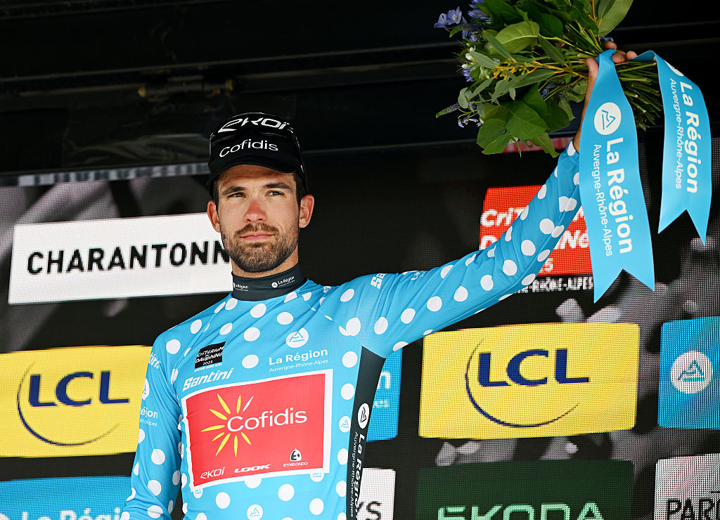 CHARANTONNAY FRANCE JUNE 10 Paul Ourselin of France and Team Cofidis celebrates at podium as Polka dot Mountain Jersey winner during the 77th Criterium du Dauphine 2025 Stage 3 a 2072km stage from Brioude to Charantonnay UCIWT on June 10 2025 in Charantonnay France Photo by Dario BelingheriGetty Images