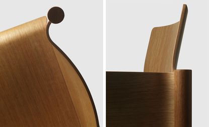 Side by side close-up images of the Details of wooden chair by Bouroullec for Koyori.