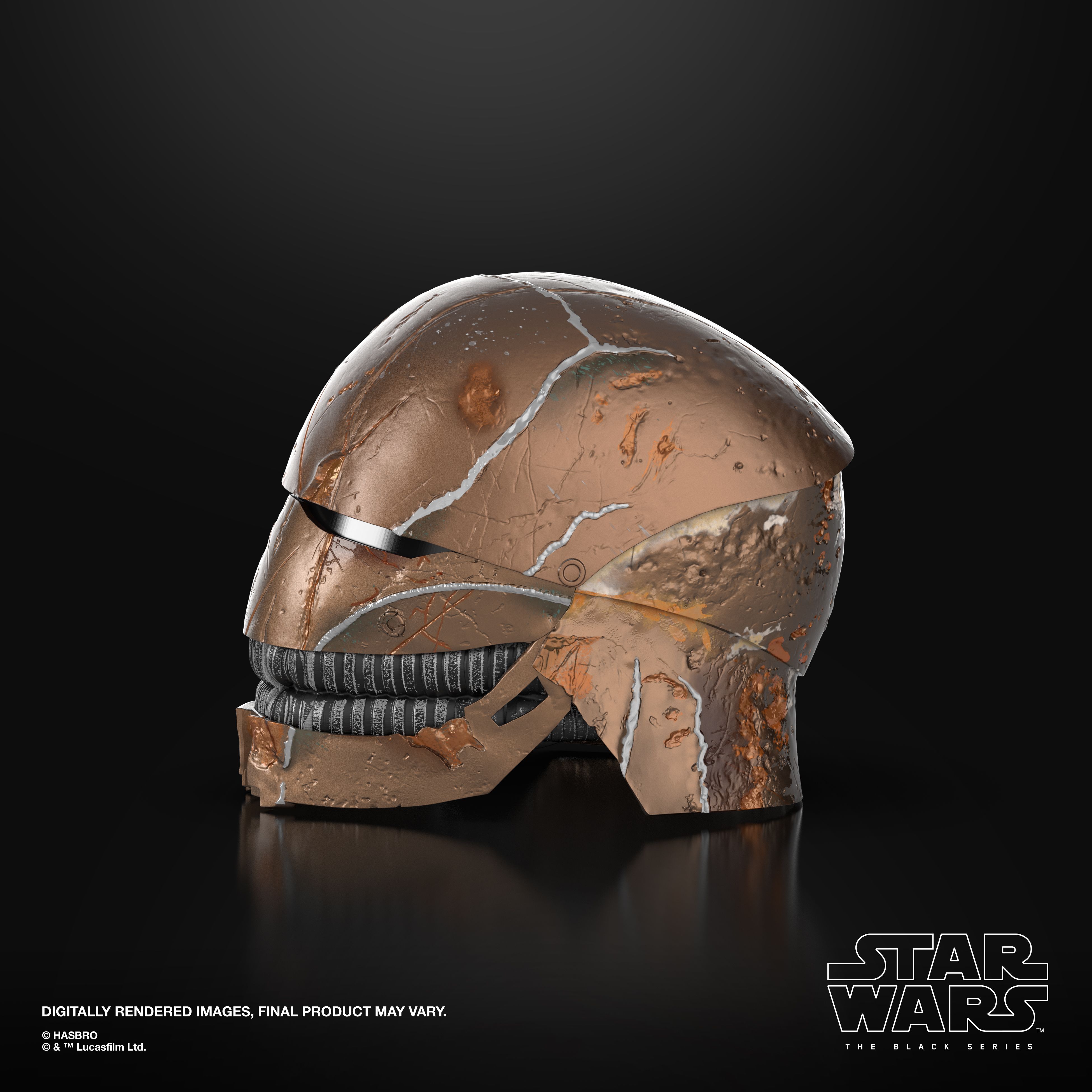 The Stranger helmet replica against a dark background, with The Black Series logo in the bottom corner