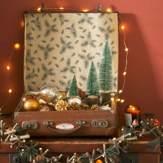 Christmas countdown suitcase of Christmas decorations