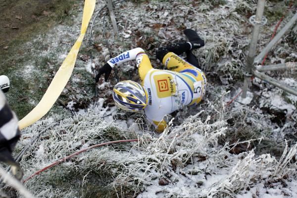 Bart Wellens landed in a ditch after slipping on an icy patch.