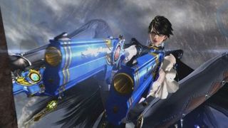 Bayonetta 2 sankaritar osoittaa aseillaan ruutua