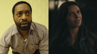Clark (Chiwetel Ejiofor) looks panicked in Backrooms, while Nikki (Inde Navarrette) speaks to Bear in Obsession.