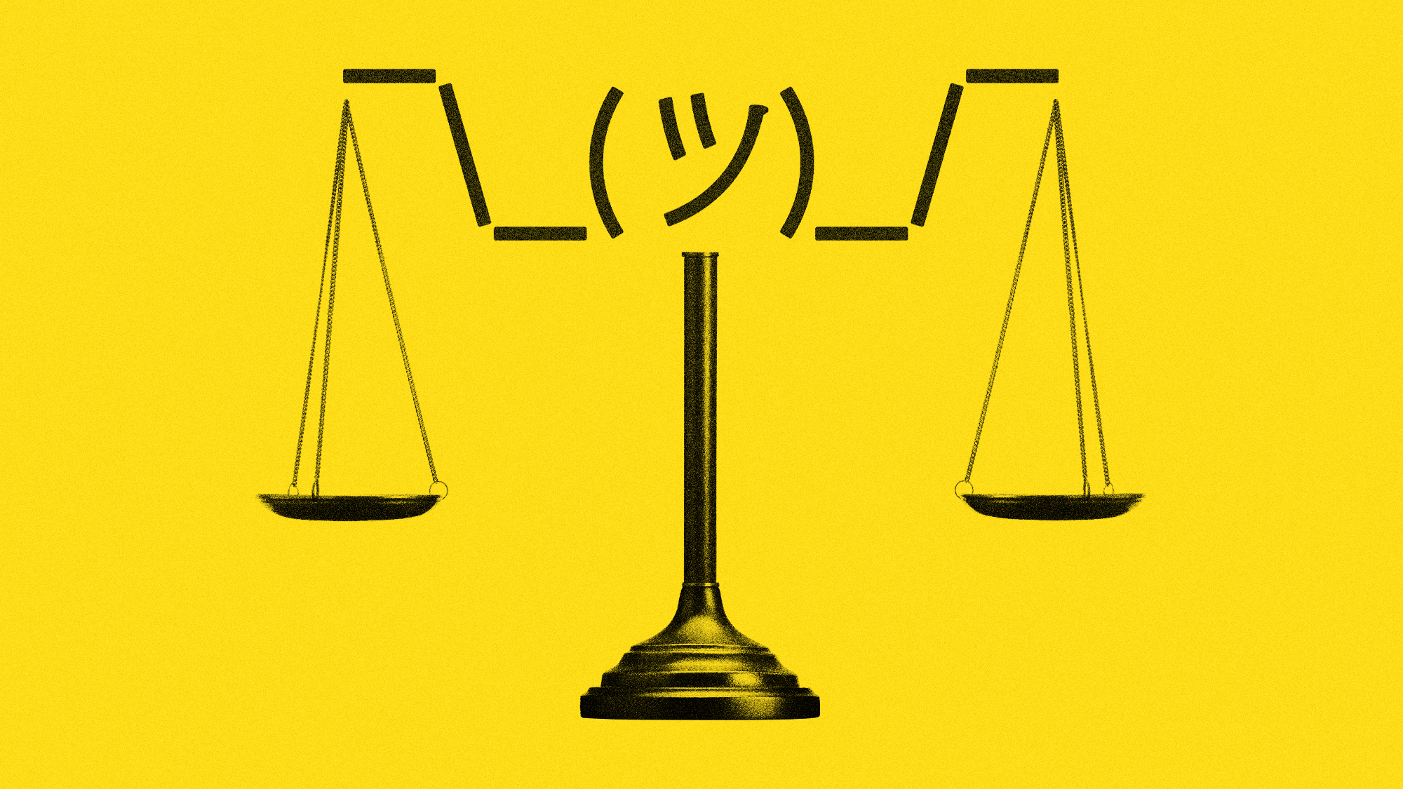 Illustration of the scales of justice topped with a shrugging emoji