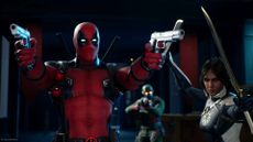Marvel's Midnight Suns screenshot – Deadpool pointing guns out of the screen in front of the main player character