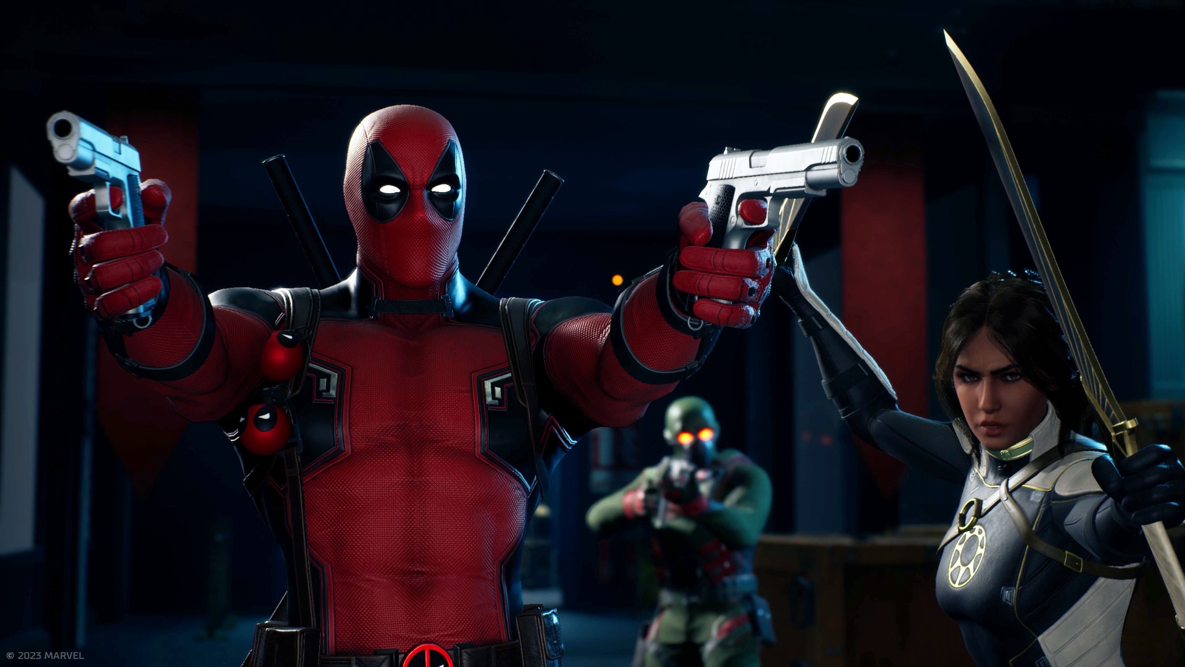 Marvel&#039;s Midnight Suns screenshot – Deadpool pointing guns out of the screen in front of the main player character