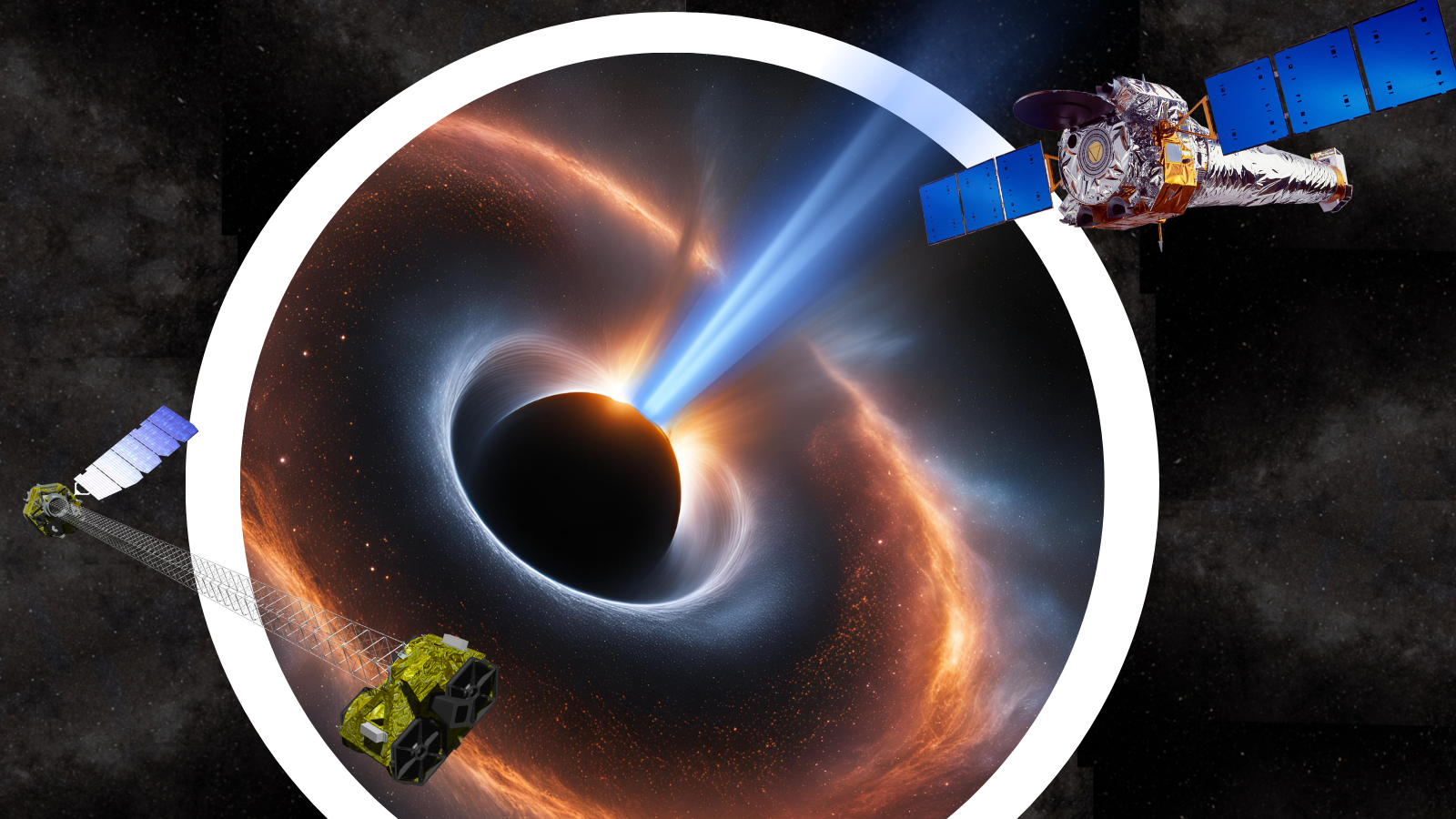 illustration showing two spacecraft studying a supermassive black hole