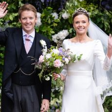 Hugh Grosvenor, Duke of Westminster and Olivia Grosvenor, Duchess of Westminster depart after their wedding ceremony at Chester Cathedral on June 07, 2024 in Chester, England. 
