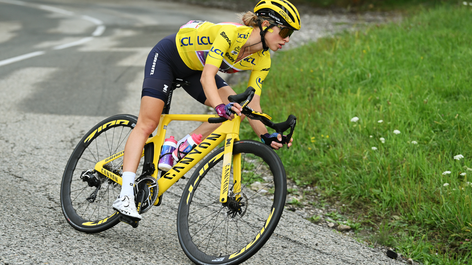 Katarzyna Niewiadoma of Poland and Team Canyon//SRAM Racing - Yellow leader jersey competes during the 3rd Tour de France Femmes 2024, Stage 8 a 149.9km stage from Le Grand-Bornand to Alpe d&#039;Huez 1828m / #UCIWWT / on August 18, 2024 in Alpe d&#039;Huez, France. 