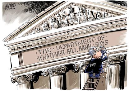 Political Cartoon U.S. William Barr DOJ case Stone