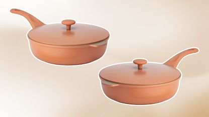 Two terracotta color Goodful pans with lid on beige background. It is a great Our Place Always pan alternative as it looks similar and has similar features