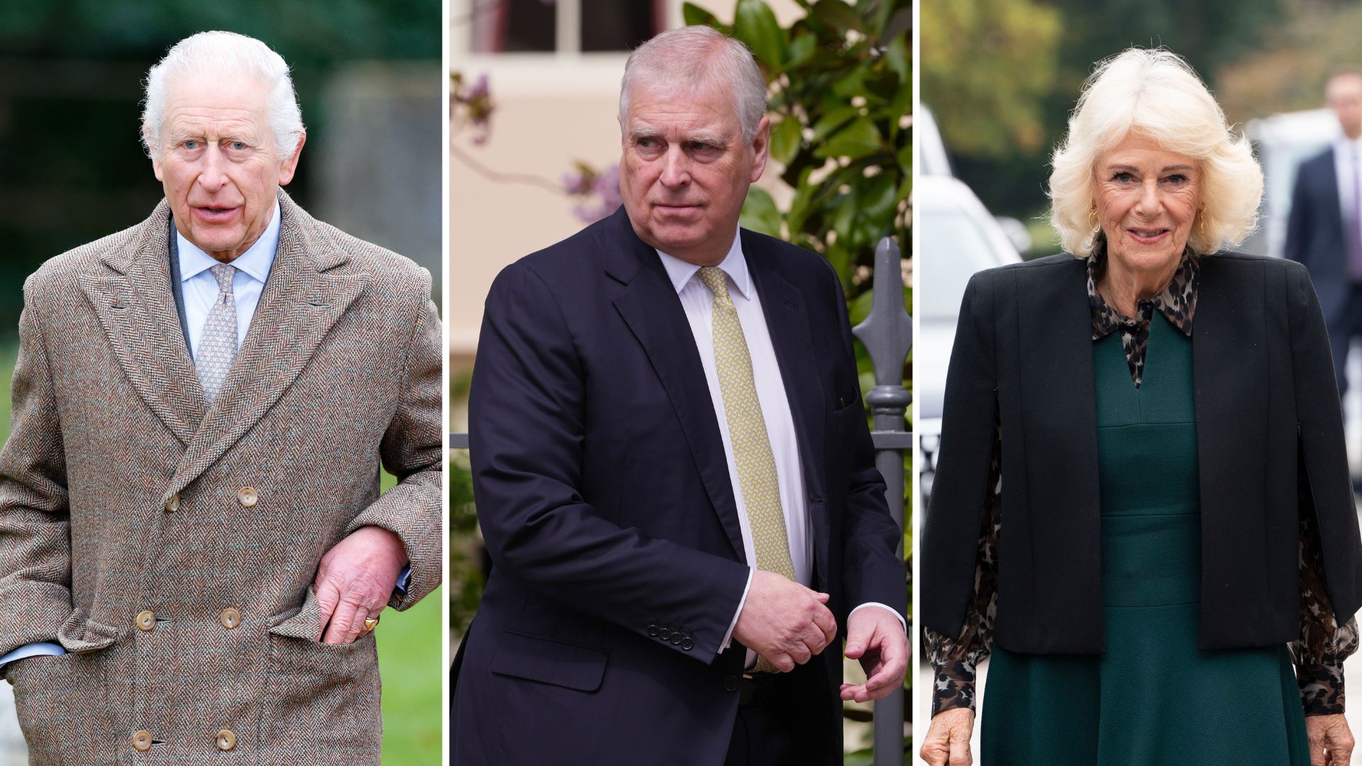 Composite of a picture of King Charles, a picture of Andrew and a picture of Queen Camilla 