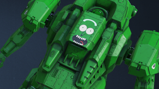 A truly cursed image of Pickle Rick from Rick and Morty pasted onto a mech from Armored Core 6.