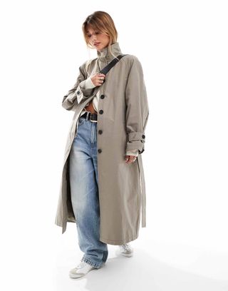 ASOS Tall, Asos Design Tall Funnel Neck Oversized Longline Trench Coat in Mushroom