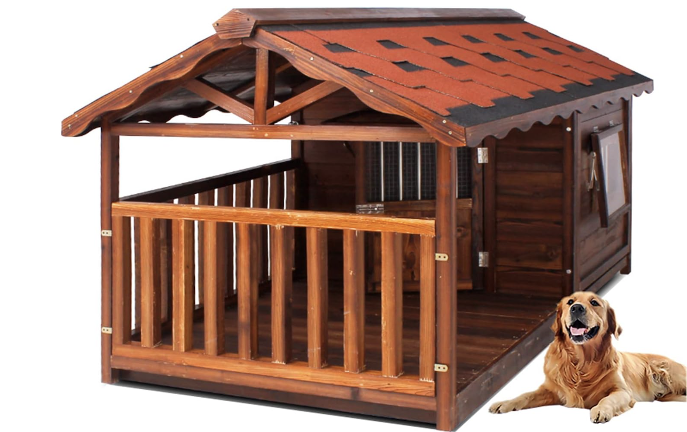 Wooden dog kennel with porch