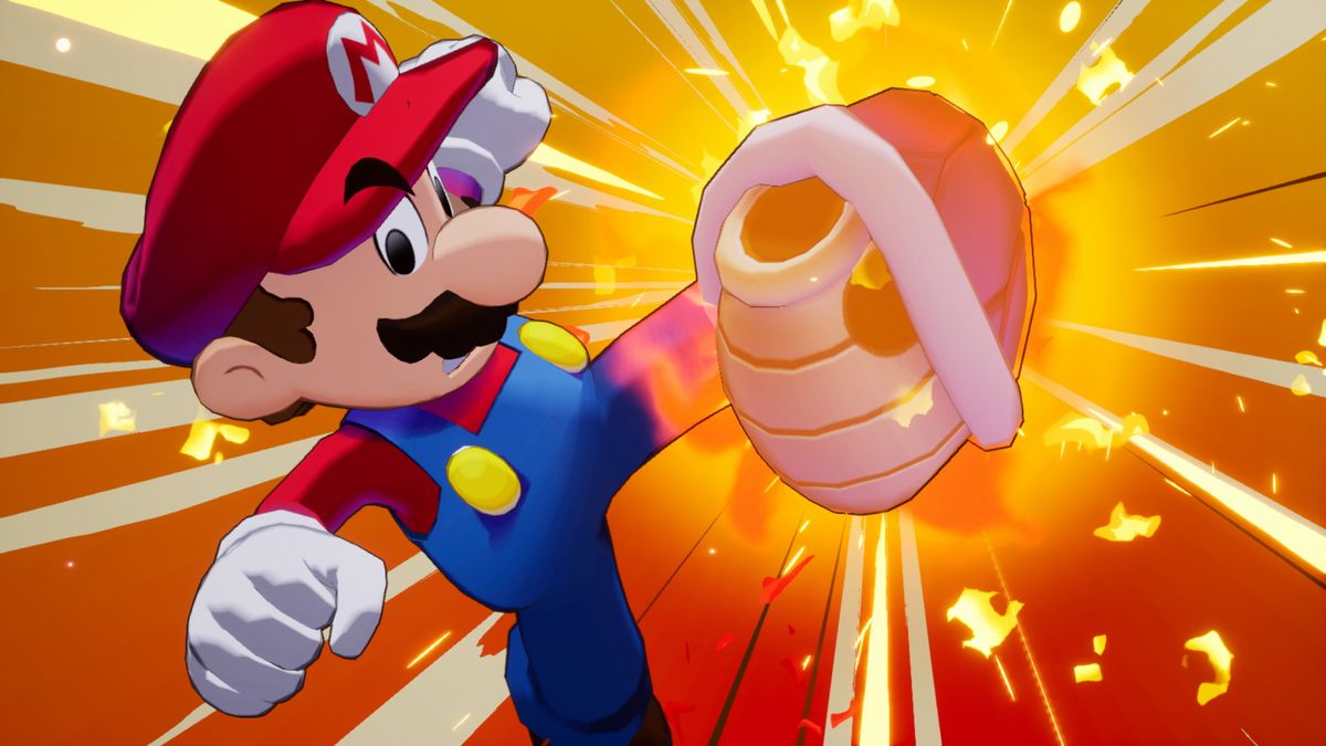 Mario kicks a red shell in Mario &amp; Luigi: Brothership with a dramatic camera angle