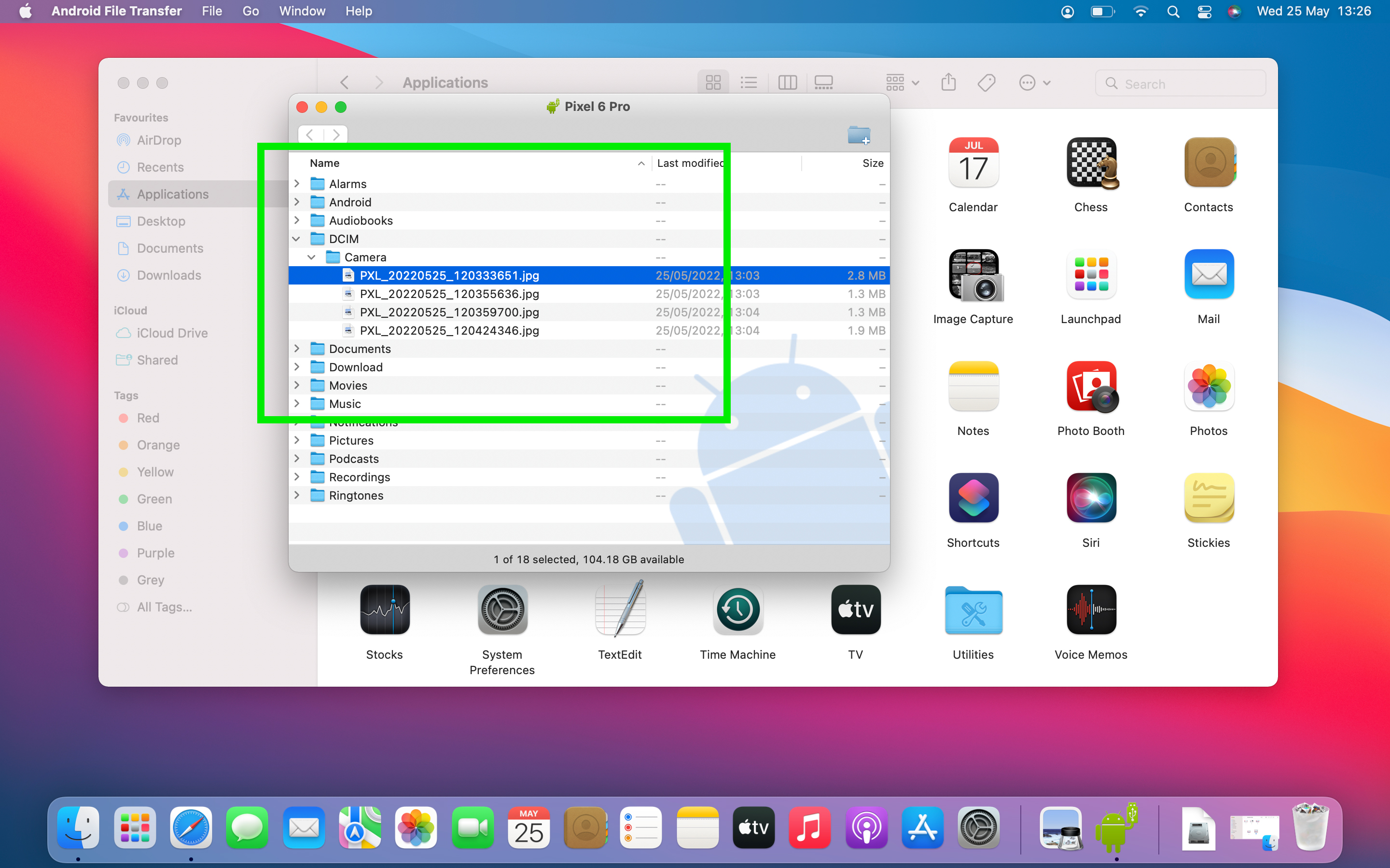 A screenshot showing the stages required to transfer photos from Android to Mac