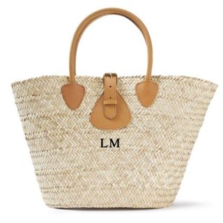 woven palm leaf tote bag with monogram detail
