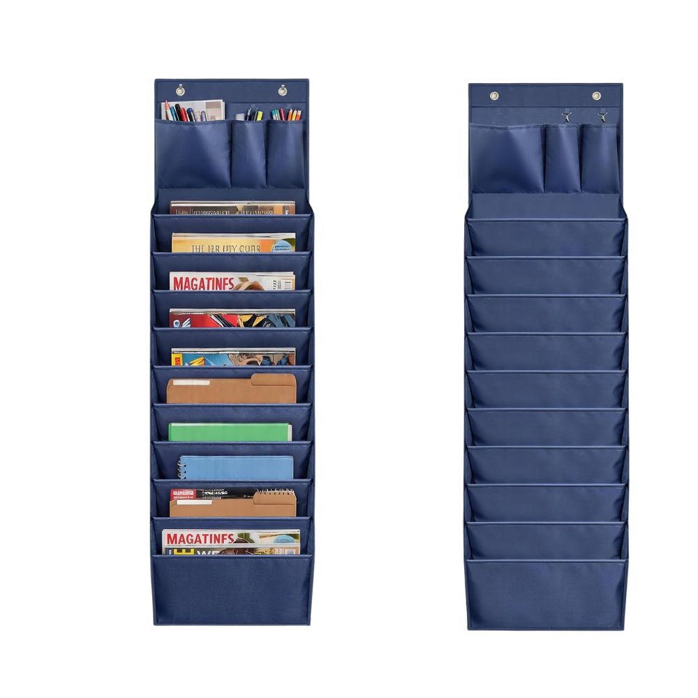 Blue back of door file organiser with stationary slot at the top