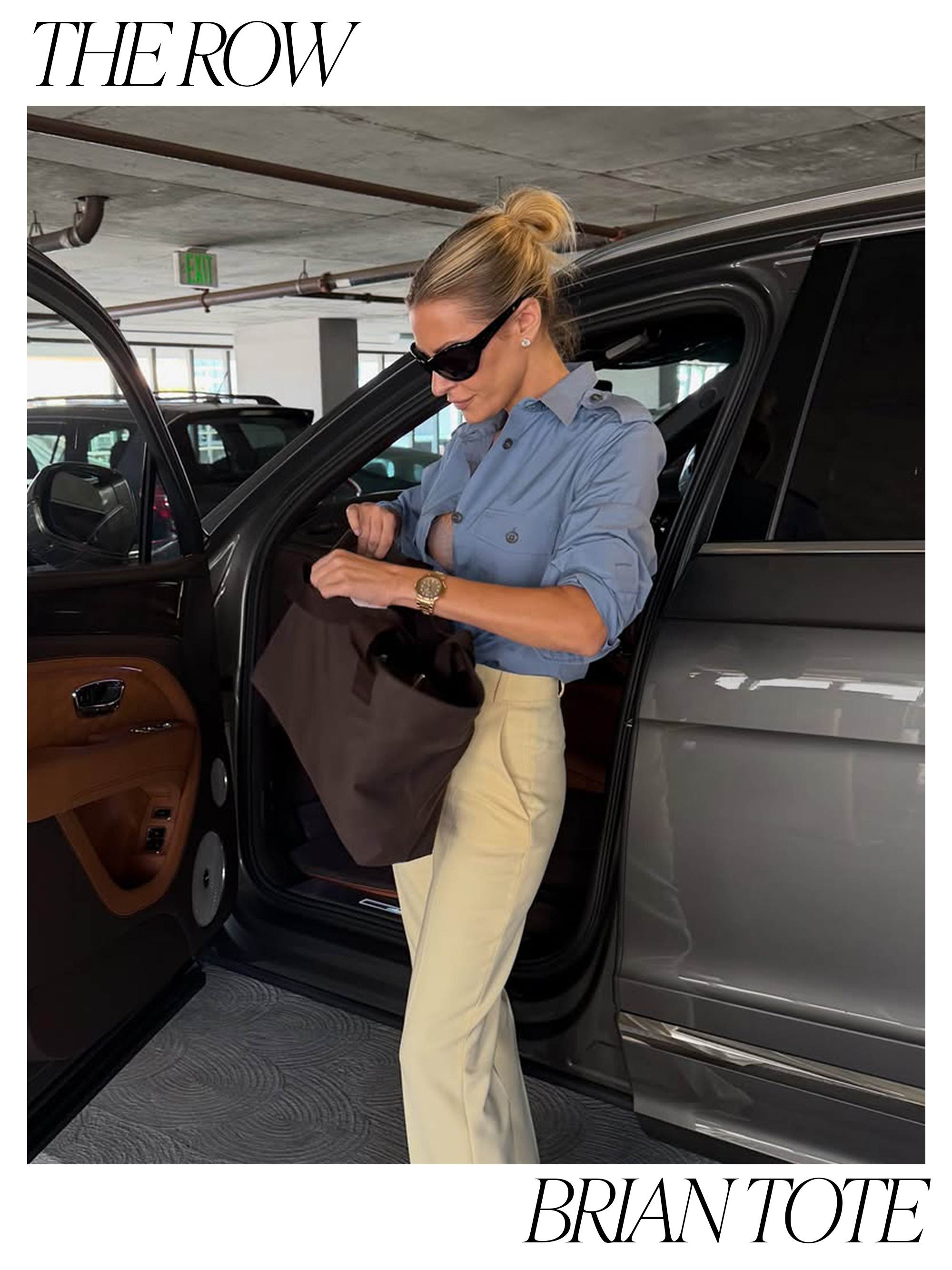 an image of Morgan Stewart carrying The Row Brian Tote in brown