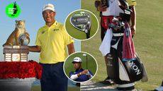 Hideki Matsuyama poses with a trophy, a close up of his golf bag