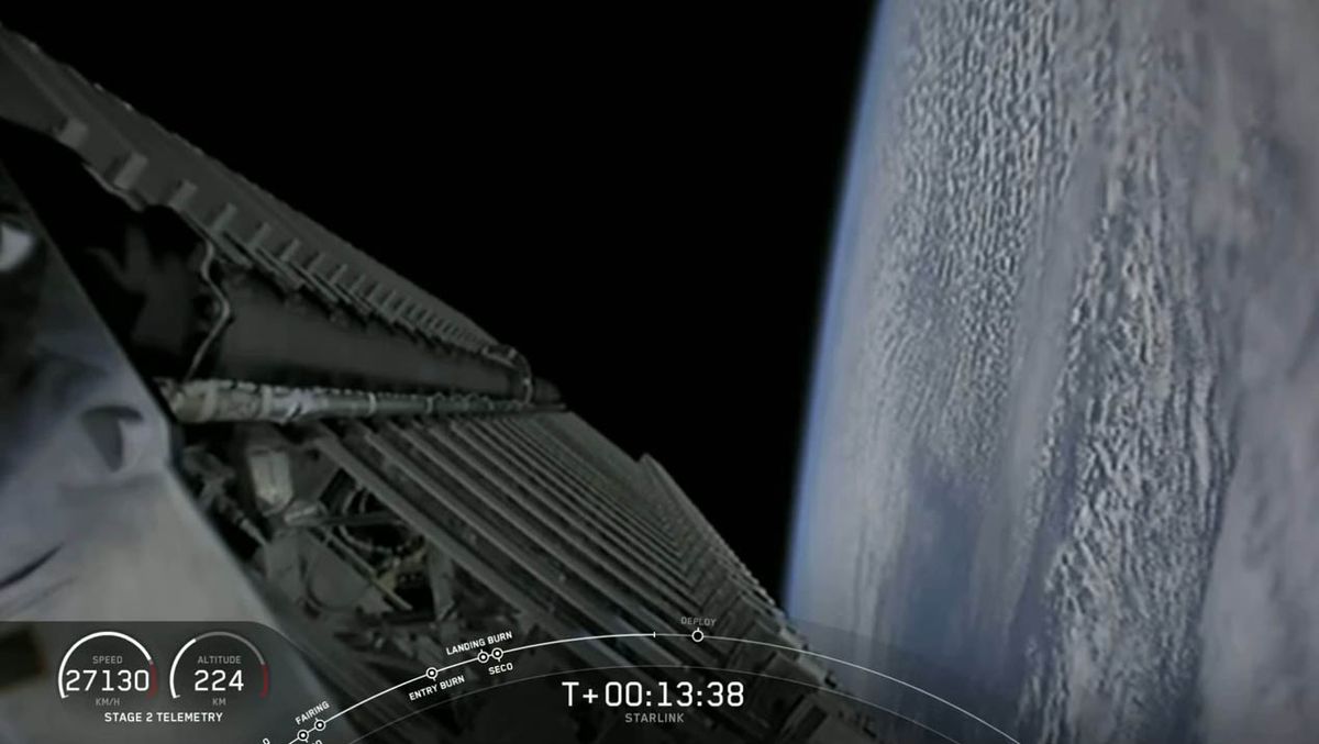 A view of SpaceX's 60 Starlink satellites in space, still attached to their Falcon 9 upper stage booster, after a successful launch on Feb. 17, 2020.