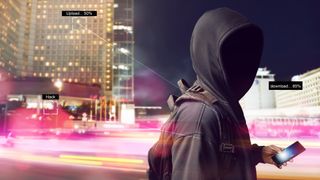 An anonymous hacker using smartphone on the street at night