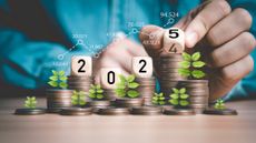 A man's hand flipping a wooden block cube from 2024 to 2025. Wooden block cubes are stacked on top of coins with plant shoots growing out of them. 