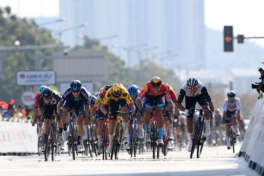 GUILIN CHINA OCTOBER 16 LR Tobias Lund Andresen of Denmark and Team DSMFirmenich Olav Kooij of The Netherlands and Team JumboVisma Jonathan Milan of Italy and Team Bahrain Victorious and Juan Sebastian Molano of Colombia and UAE Team Emirates sprint at finish line to win during the 4th GreeTour of Guangxi 2023 Stage 5 a 2096km stage from Liuzhou to Guilin UCIWT on October 16 2023 in Guilin China Photo by Tim de WaeleGetty Images