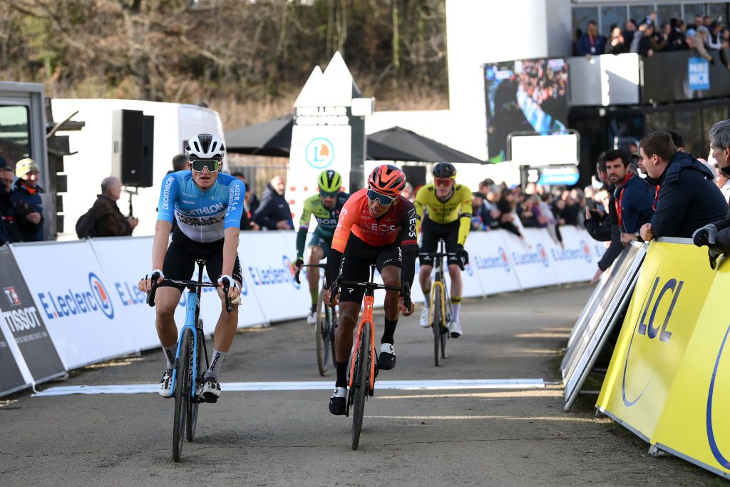 MONT BROUILLY FRANCE MARCH 06 LR Felix Gall of Austria and Decathlon AG2R La Mondiale Team and Egan Bernal of Colombia and Team INEOS Grenadiers cross the finish line during the 82nd Paris Nice 2024 Stage 4 a 183km stage from ChalonsurSane to Mont Brouilly 476m UCIWT on March 06 2024 in Mont Brouilly France Photo by Alex BroadwayGetty Images