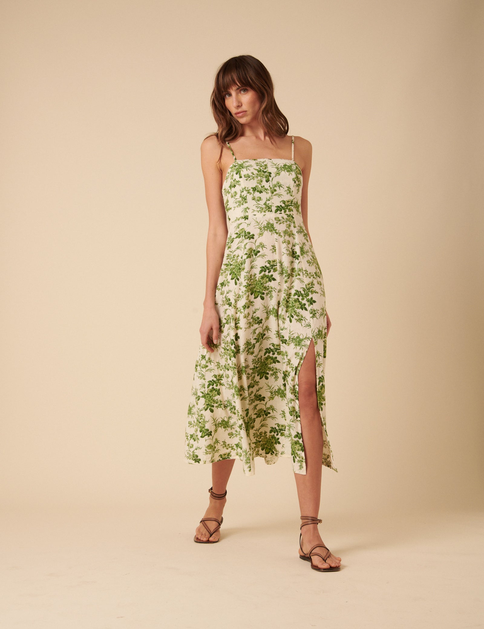 Cream Linen-Blend Floral Maxine Midi Dress